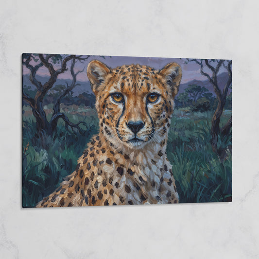 Cheetah Portrait at Dusk, African Savanna Canvas Wall Art on gallery wrap