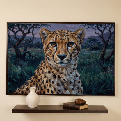Cheetah Portrait at Dusk, African Savanna Canvas Wall Art in dark walnut floating frame