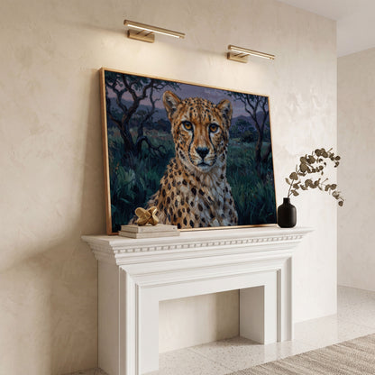 Cheetah Portrait at Dusk, African Savanna Canvas Wall Art in white oak floating frame
