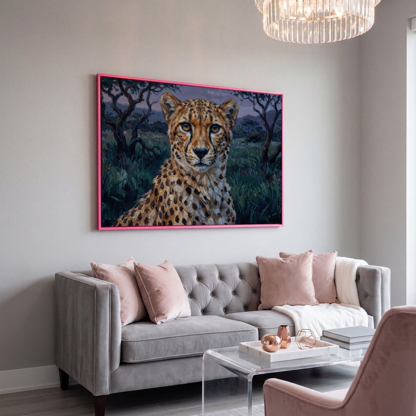 Cheetah Portrait at Dusk, African Savanna Canvas Wall Art in pink floating frame