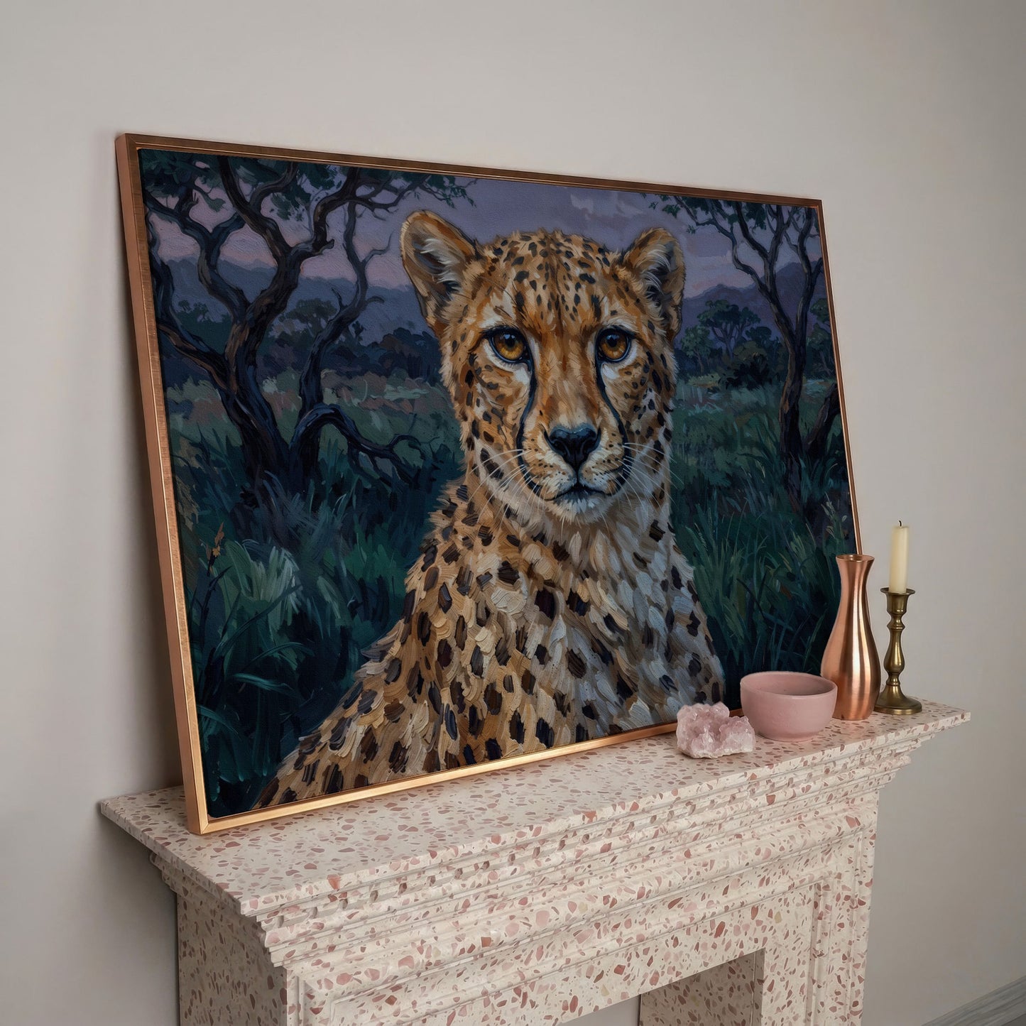 Cheetah Portrait at Dusk, African Savanna Canvas Wall Art in rose gold floating frame