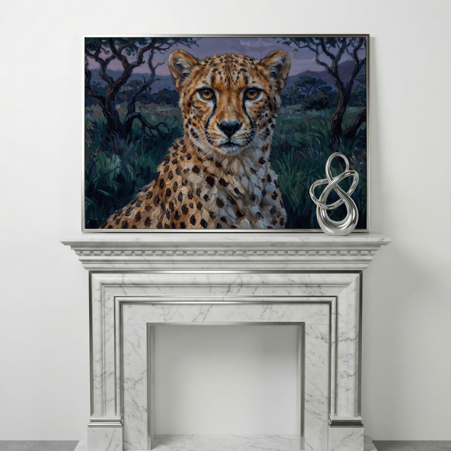 Cheetah Portrait at Dusk, African Savanna Canvas Wall Art in silver floating frame