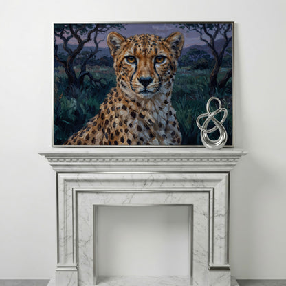 Cheetah Portrait at Dusk, African Savanna Canvas Wall Art in silver floating frame