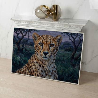 Cheetah Portrait at Dusk, African Savanna Canvas Wall Art in white floating frame