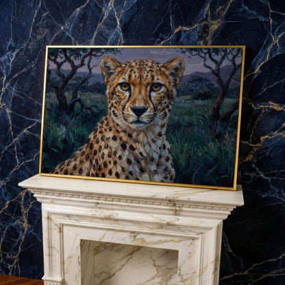 Cheetah Portrait at Dusk, African Savanna Canvas Wall Art in yellow gold floating frame
