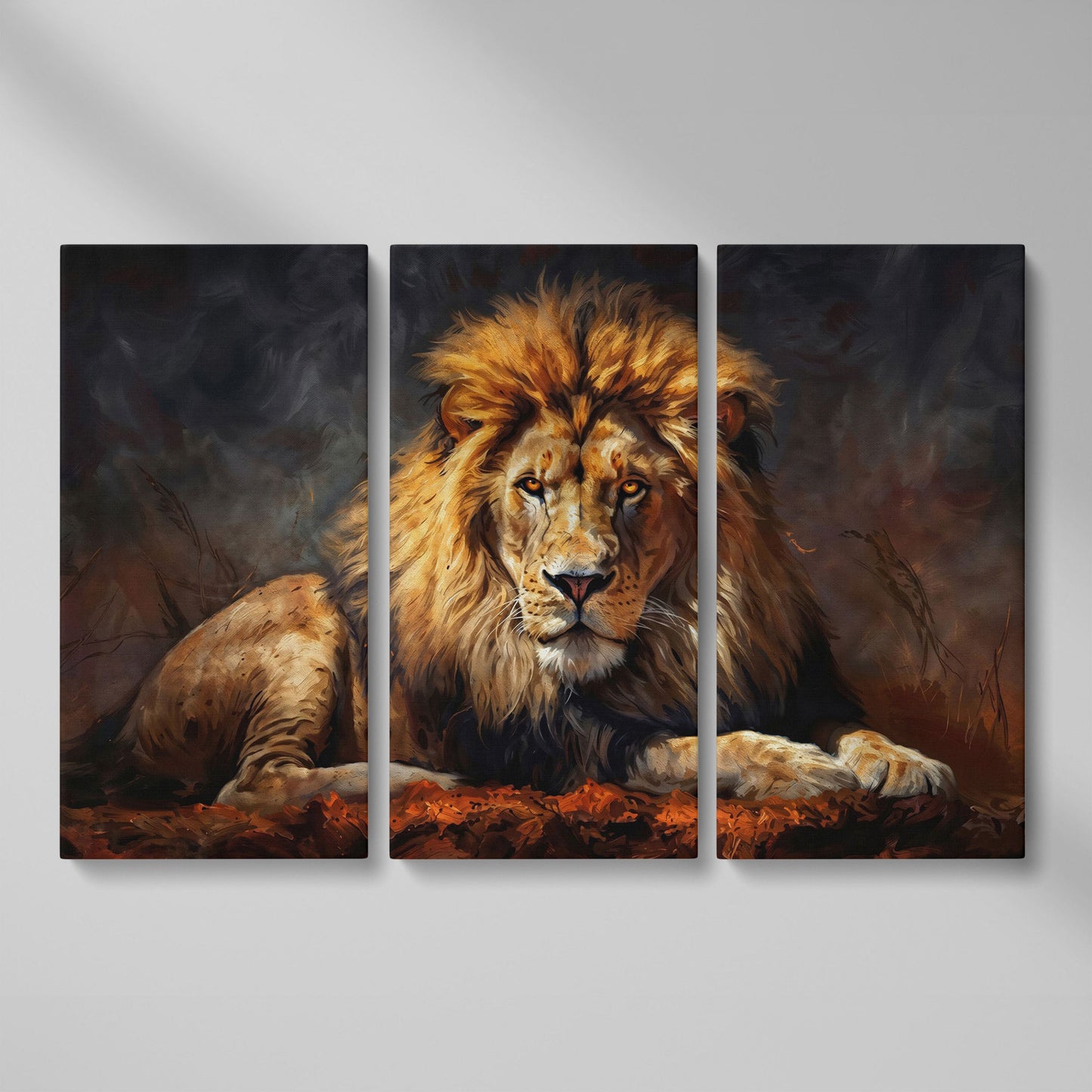 Lion at Rest. Close-Up Mane Portrait Canvas Wall Art as 3-panel split version