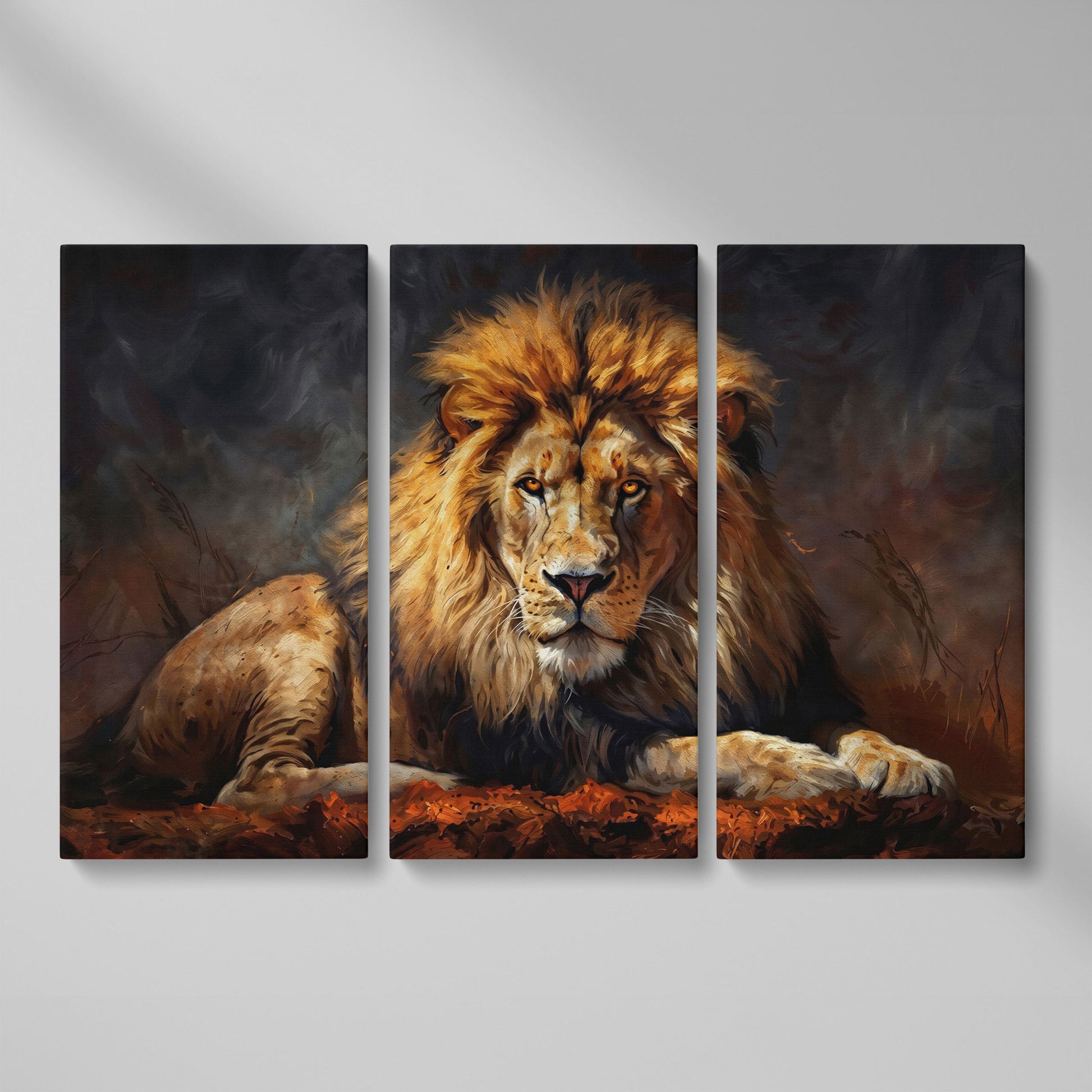 Lion at Rest. Close-Up Mane Portrait Canvas Wall Art as 3-panel split version