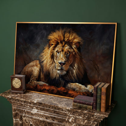 Lion at Rest. Close-Up Mane Portrait Canvas Wall Art in antique gold floating frame