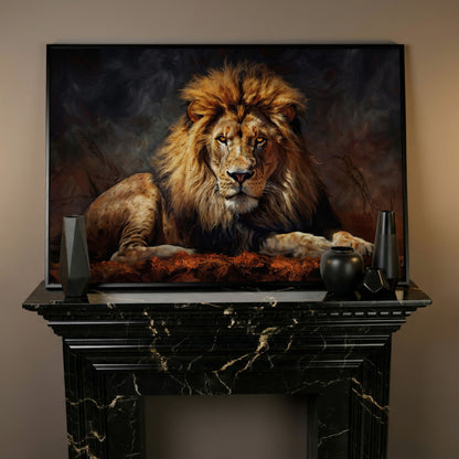 Lion at Rest. Close-Up Mane Portrait Canvas Wall Art in black floating frame