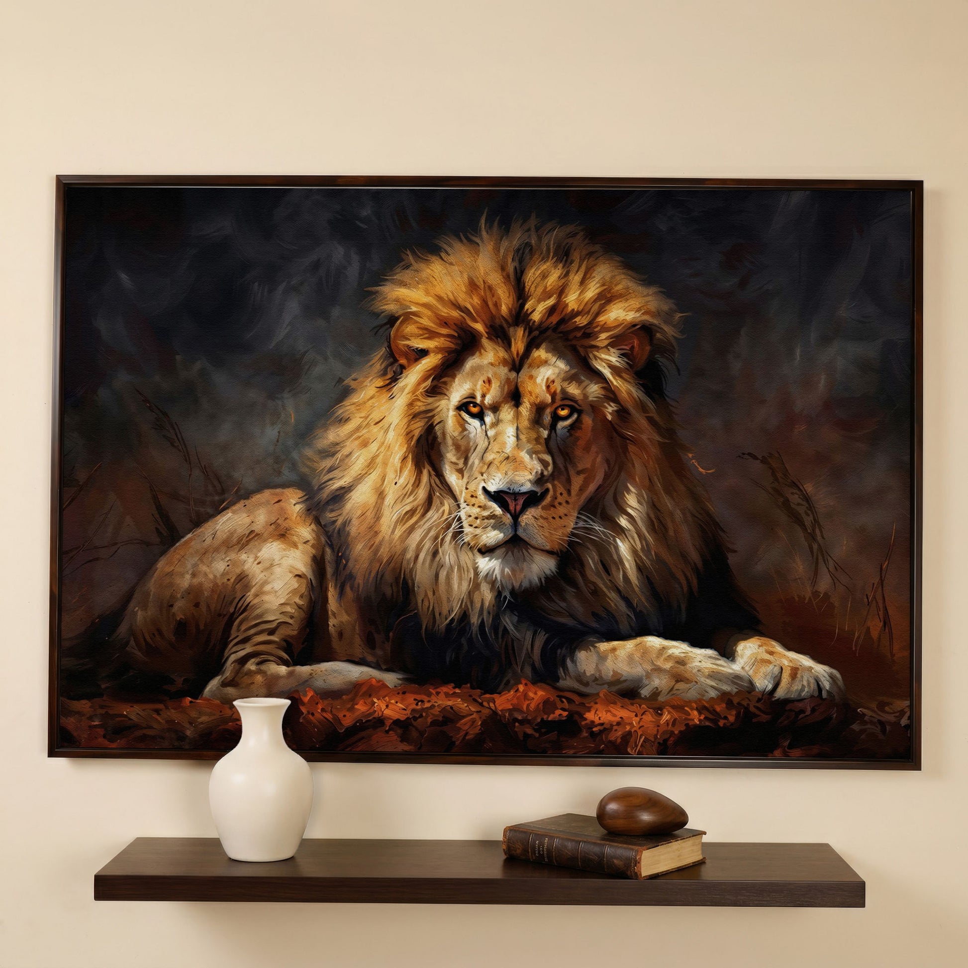 Lion at Rest. Close-Up Mane Portrait Canvas Wall Art in dark walnut floating frame