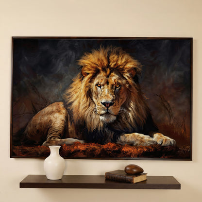 Lion at Rest. Close-Up Mane Portrait Canvas Wall Art in dark walnut floating frame