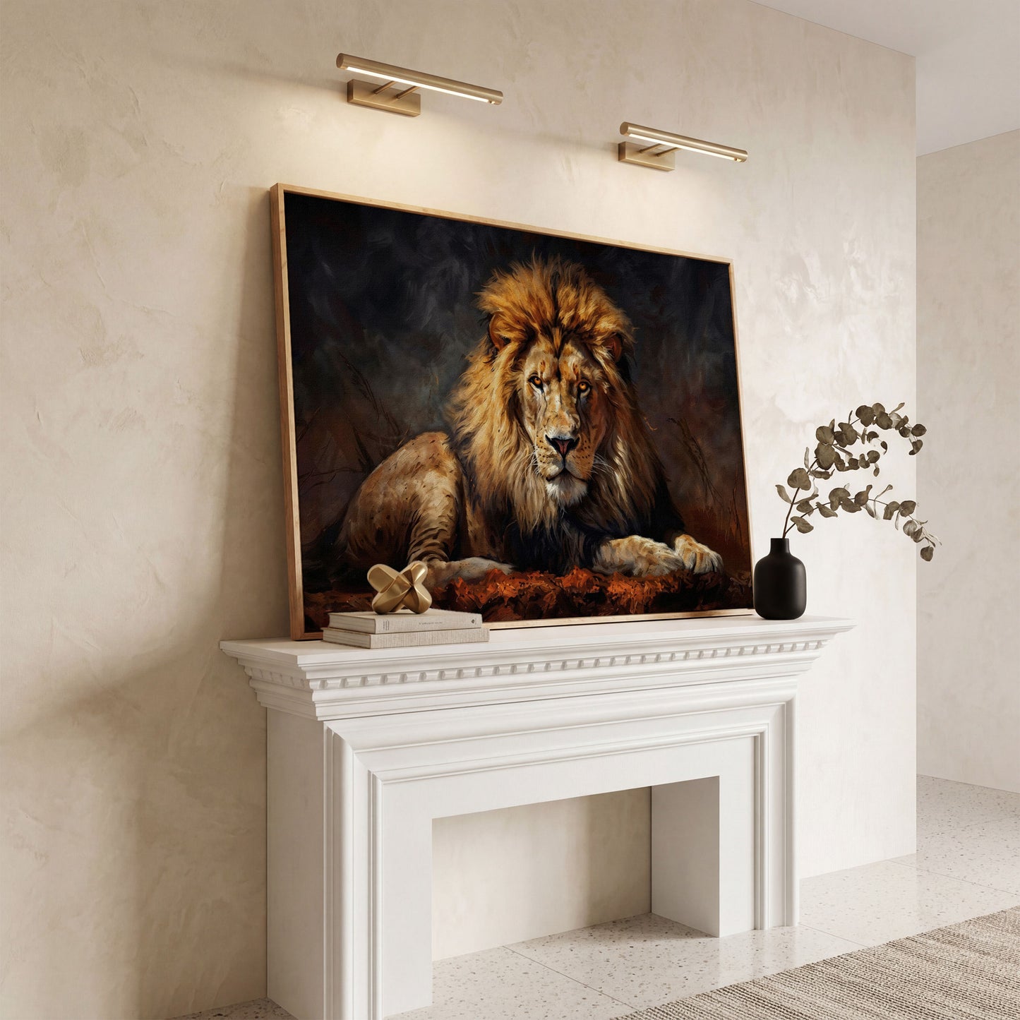 Lion at Rest. Close-Up Mane Portrait Canvas Wall Art in white oak floating frame