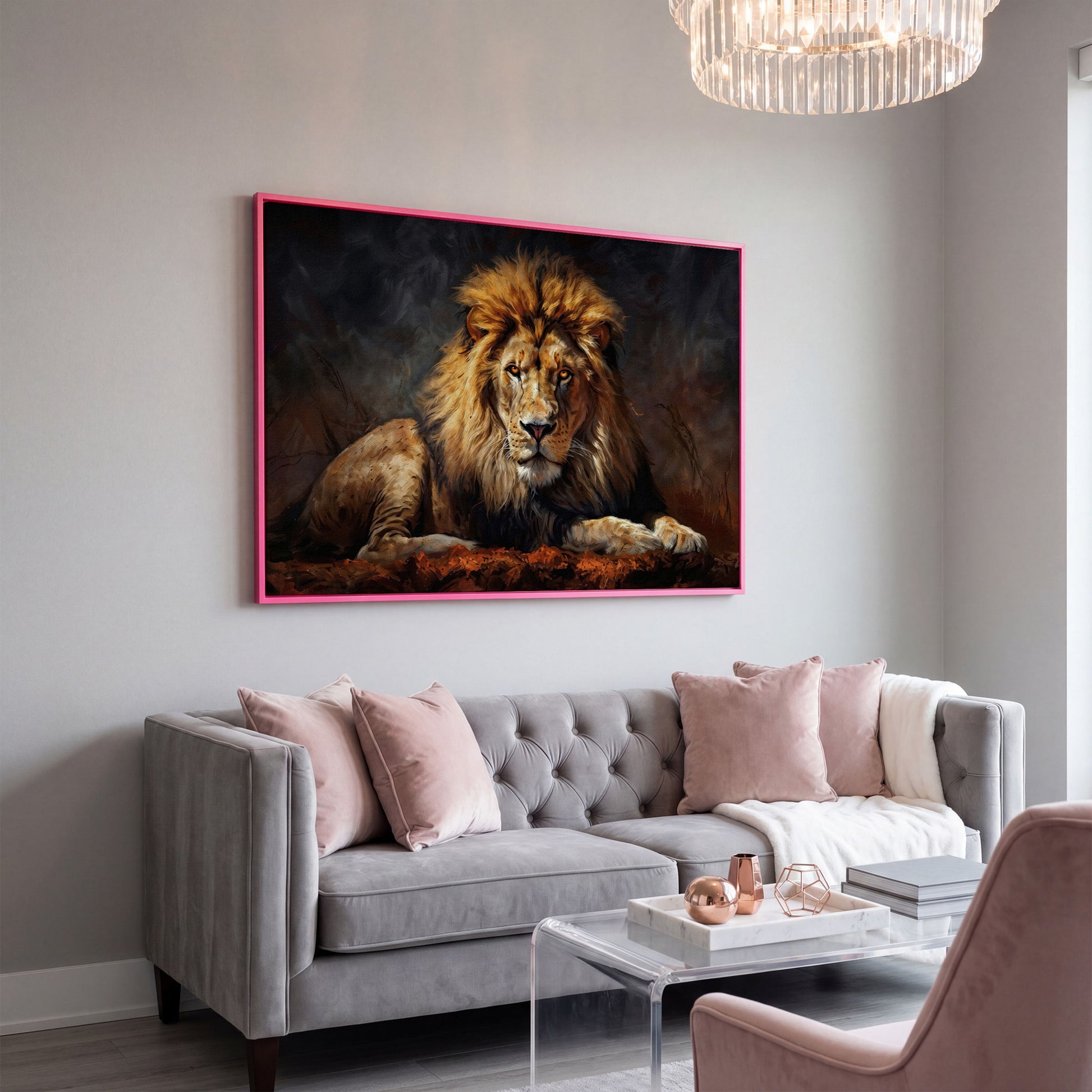 Lion at Rest. Close-Up Mane Portrait Canvas Wall Art in pink floating frame