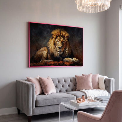 Lion at Rest. Close-Up Mane Portrait Canvas Wall Art in pink floating frame