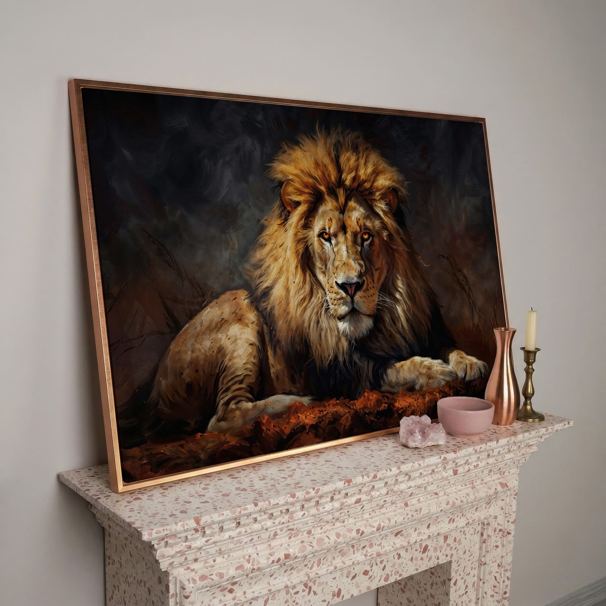Lion at Rest. Close-Up Mane Portrait Canvas Wall Art in rose gold floating frame