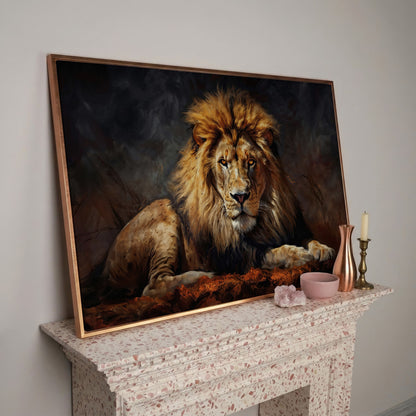 Lion at Rest. Close-Up Mane Portrait Canvas Wall Art in rose gold floating frame