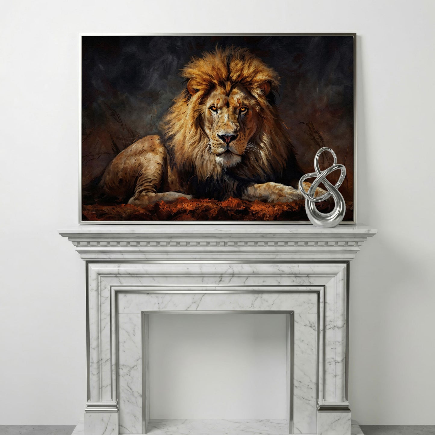 Lion at Rest. Close-Up Mane Portrait Canvas Wall Art in silver floating frame