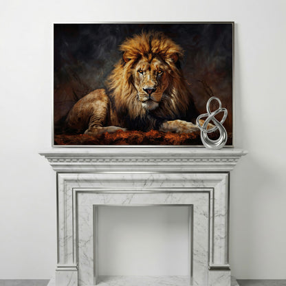 Lion at Rest. Close-Up Mane Portrait Canvas Wall Art in silver floating frame