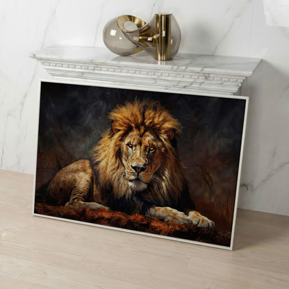 Lion at Rest. Close-Up Mane Portrait Canvas Wall Art in white floating frame