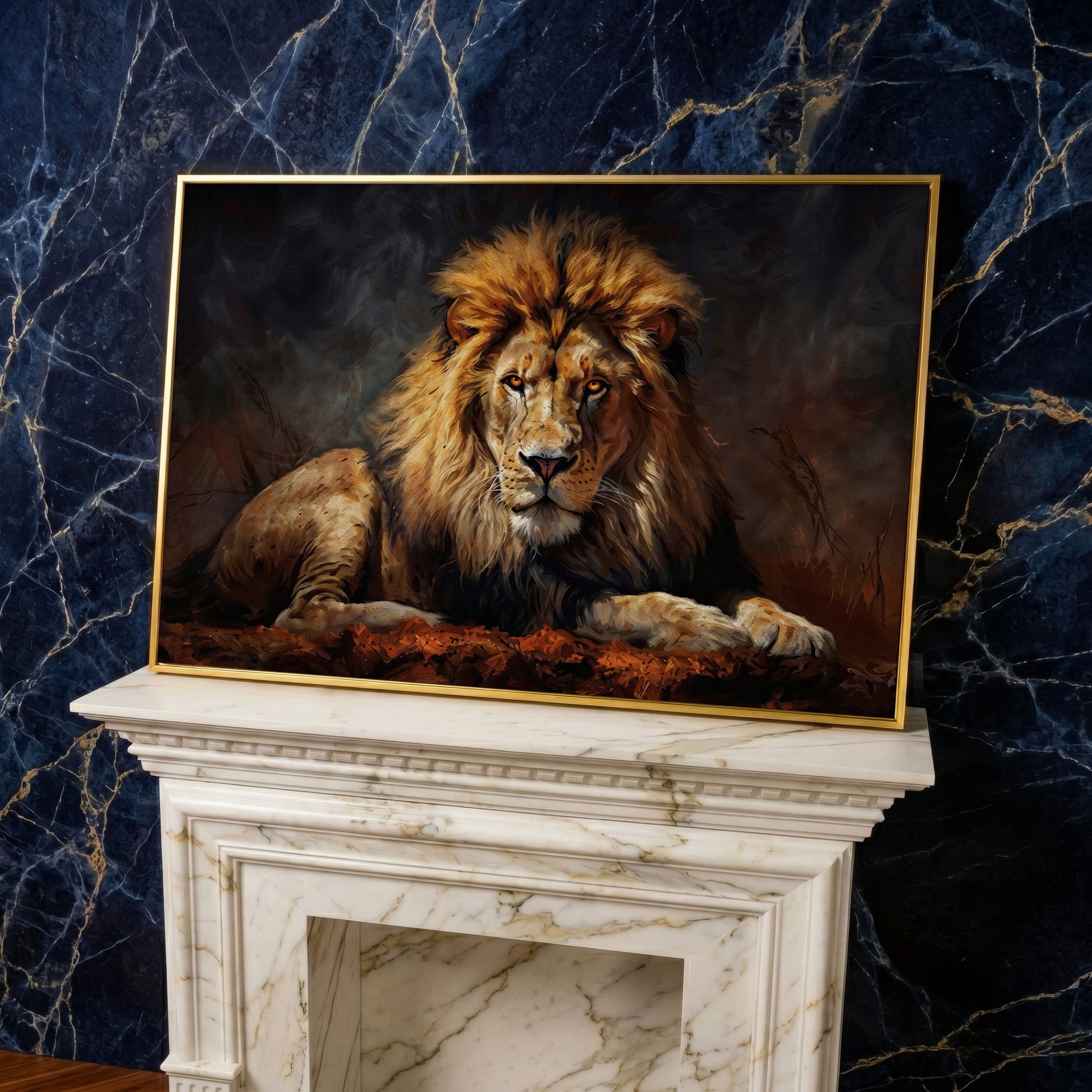 Lion at Rest. Close-Up Mane Portrait Canvas Wall Art in yellow gold floating frame