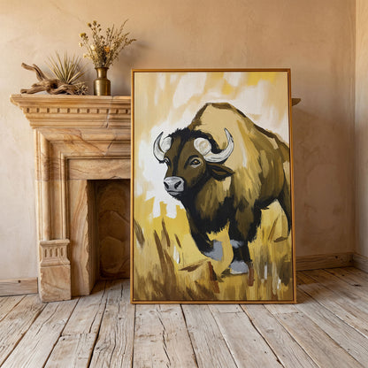 Bison Portrait Canvas Wall Art | Wildlife Canvas Print in antique gold floating frame