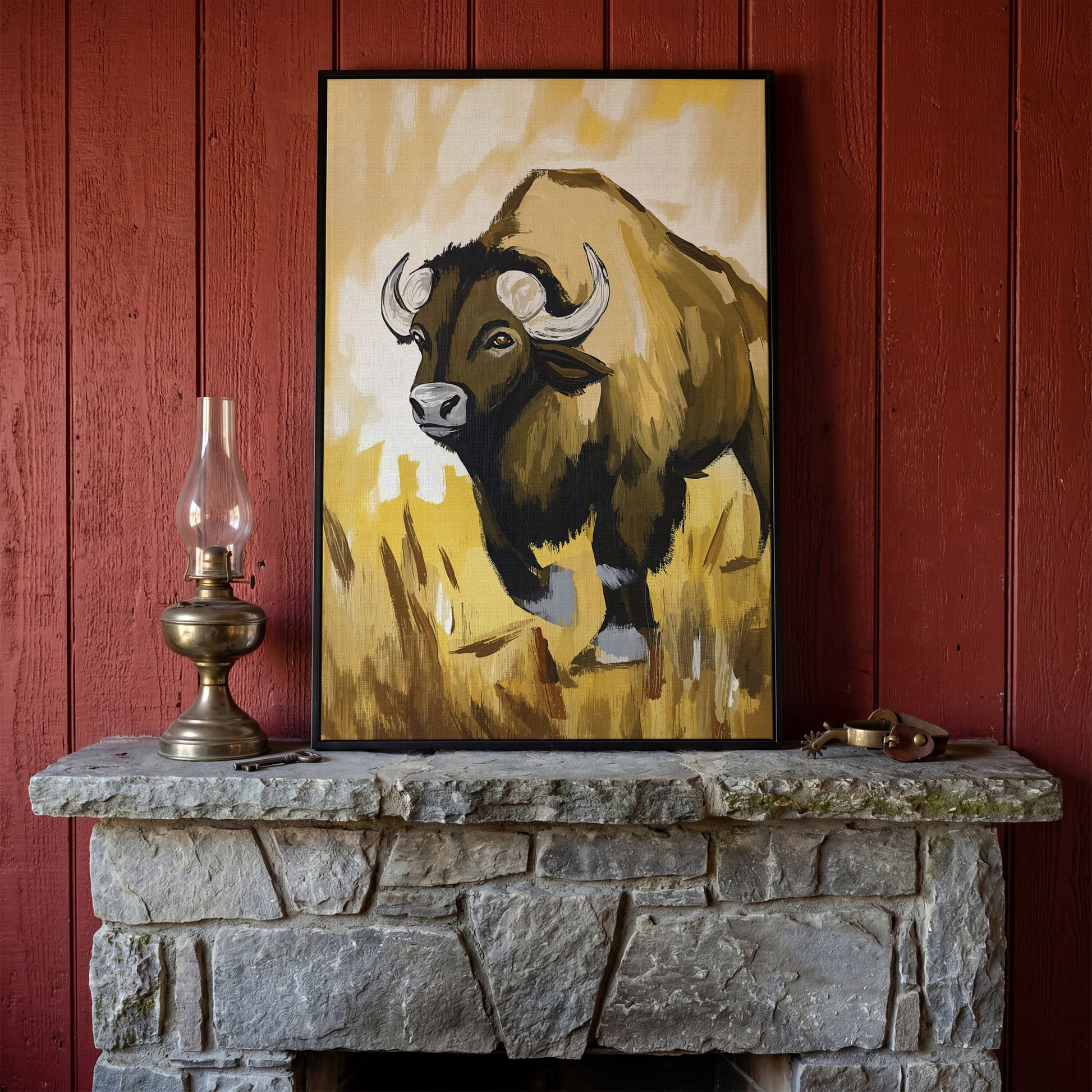 Bison Portrait Canvas Wall Art | Wildlife Canvas Print in black floating frame