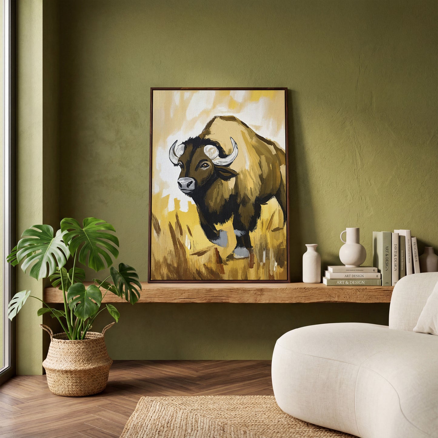 Bison Portrait Canvas Wall Art | Wildlife Canvas Print in dark walnut floating frame