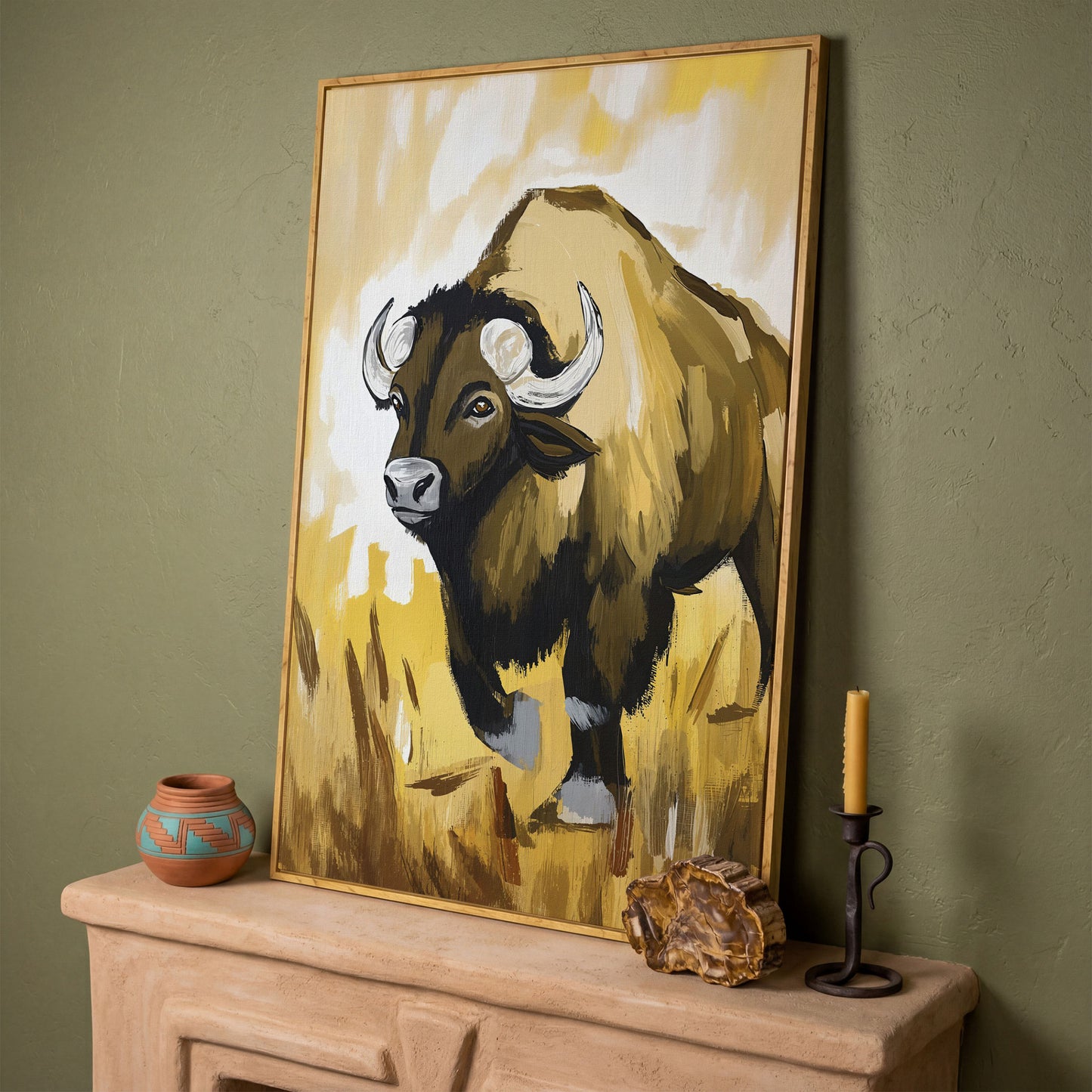 Bison Portrait Canvas Wall Art | Wildlife Canvas Print in white oak floating frame