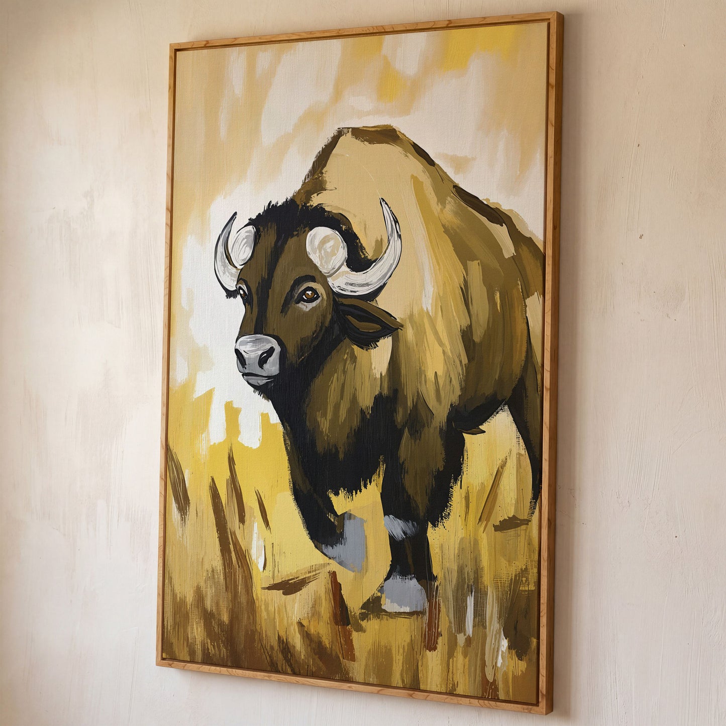 Bison Portrait Canvas Wall Art | Wildlife Canvas Print shown in white oak floating frame