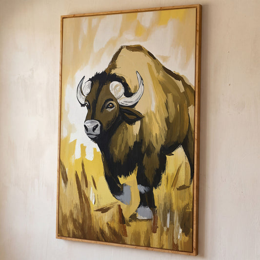 Bison Portrait Canvas Wall Art | Wildlife Canvas Print shown in white oak floating frame