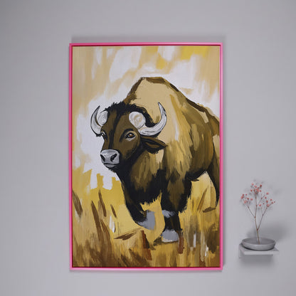 Bison Portrait Canvas Wall Art | Wildlife Canvas Print in pink floating frame