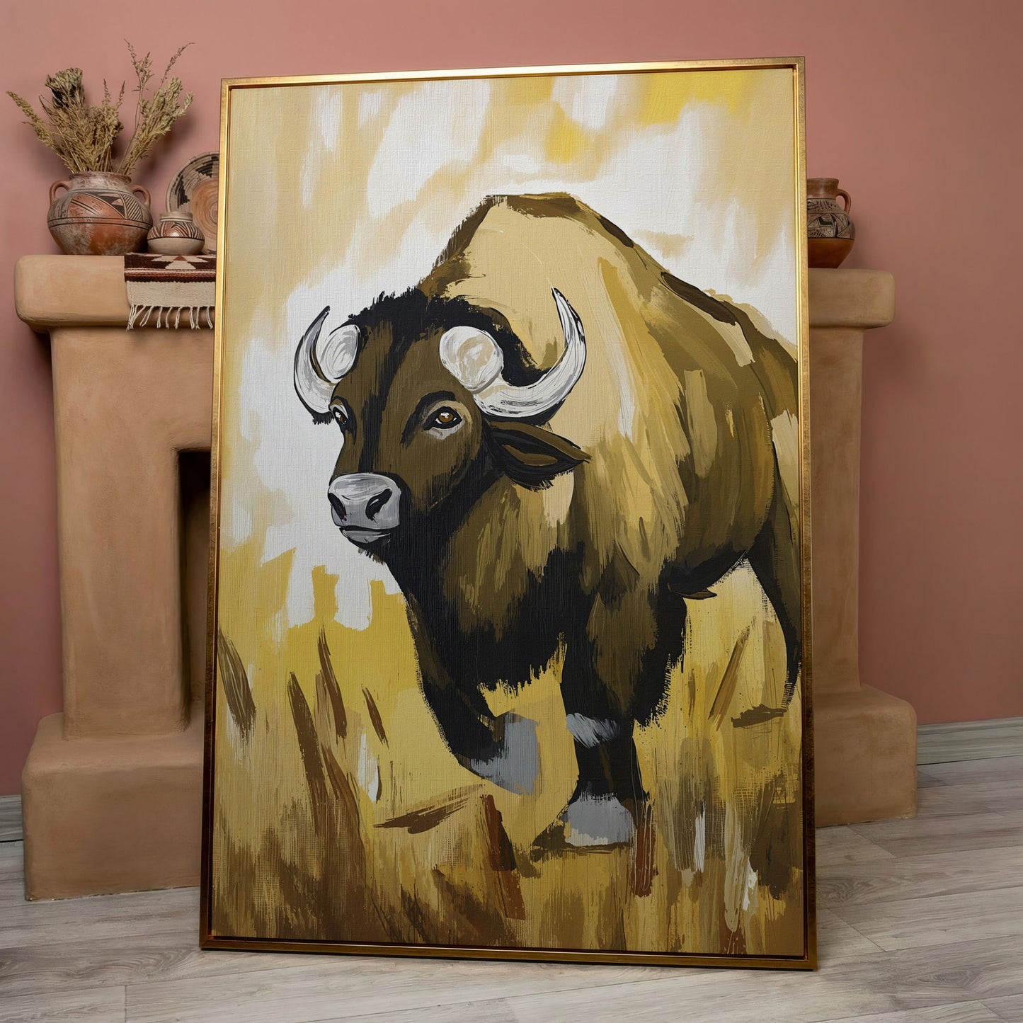 Bison Portrait Canvas Wall Art | Wildlife Canvas Print in rose gold floating frame