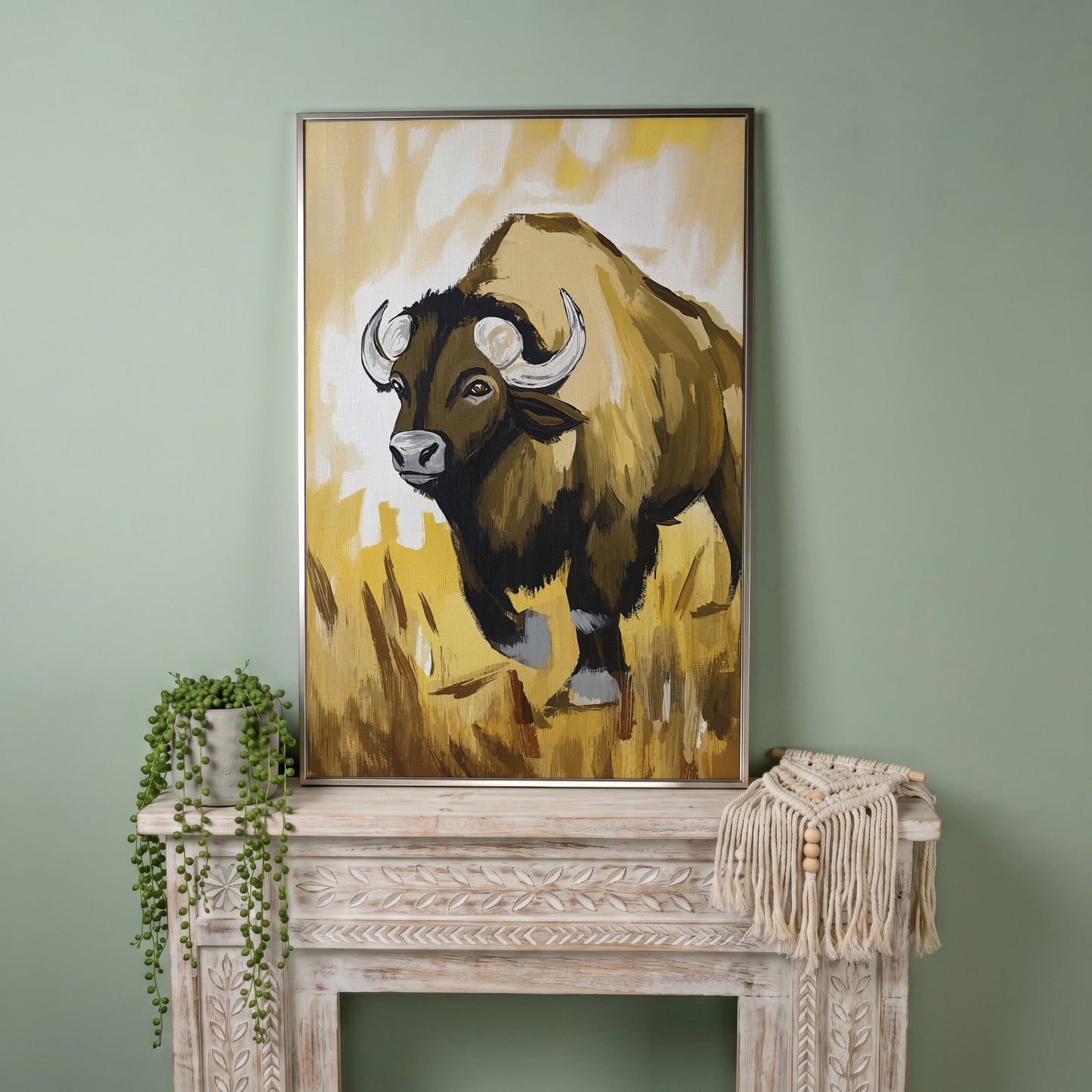 Bison Portrait Canvas Wall Art | Wildlife Canvas Print in silver floating frame