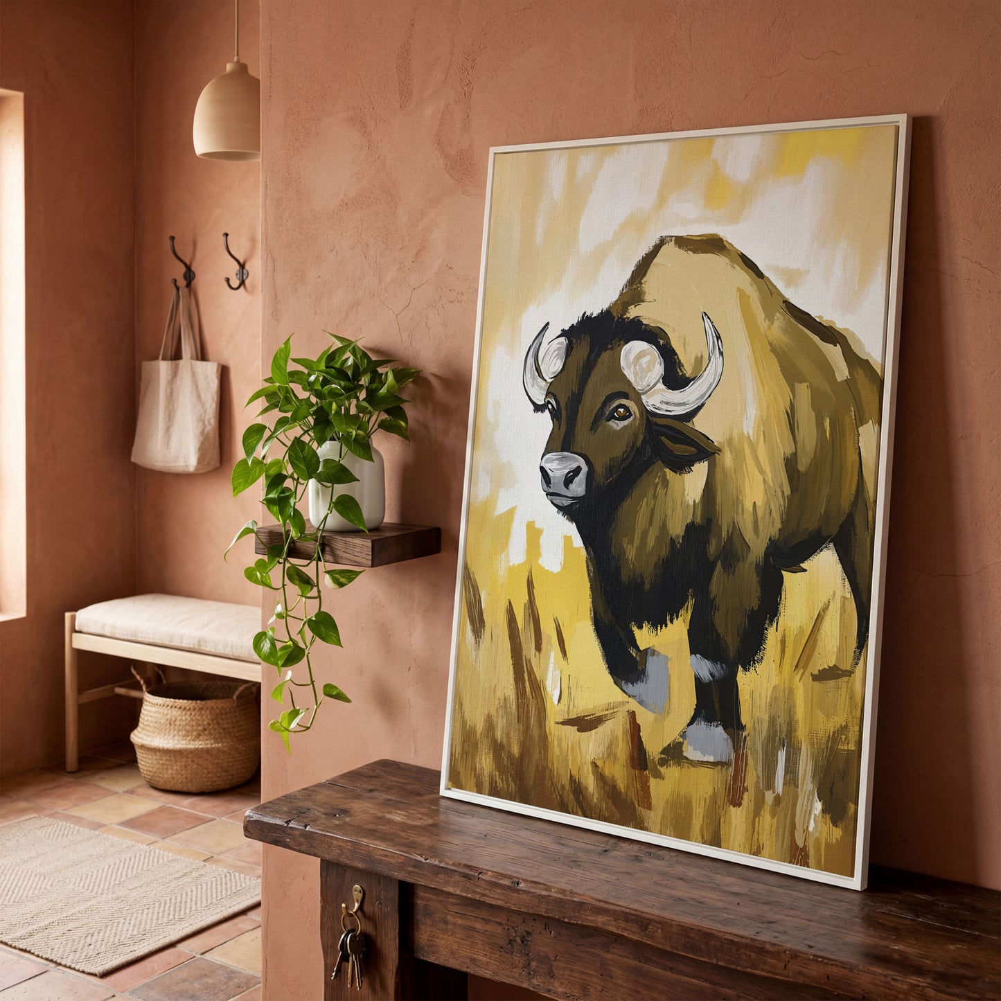 Bison Portrait Canvas Wall Art | Wildlife Canvas Print in white floating frame