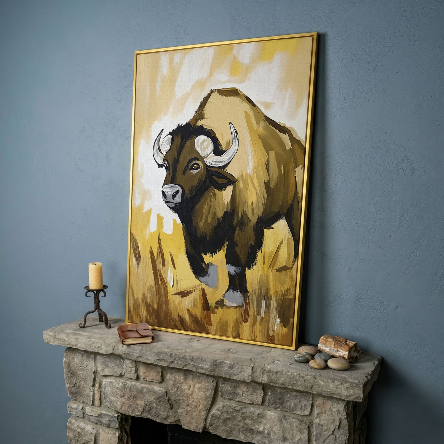 Bison Portrait Canvas Wall Art | Wildlife Canvas Print in yellow gold floating frame