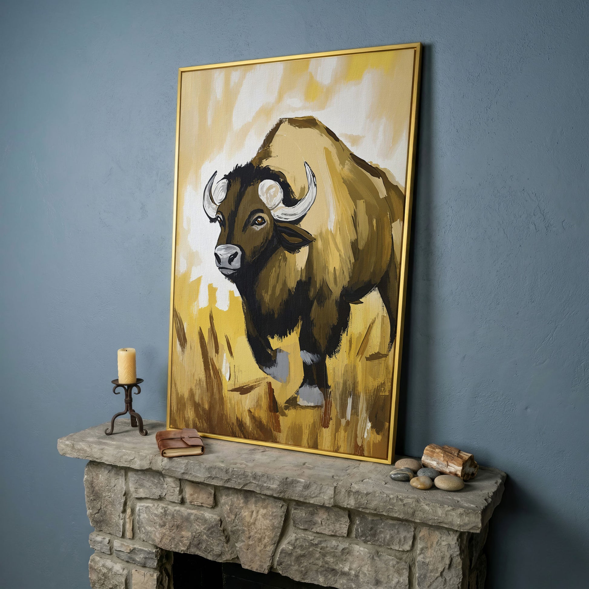 Bison Portrait Canvas Wall Art | Wildlife Canvas Print in yellow gold floating frame