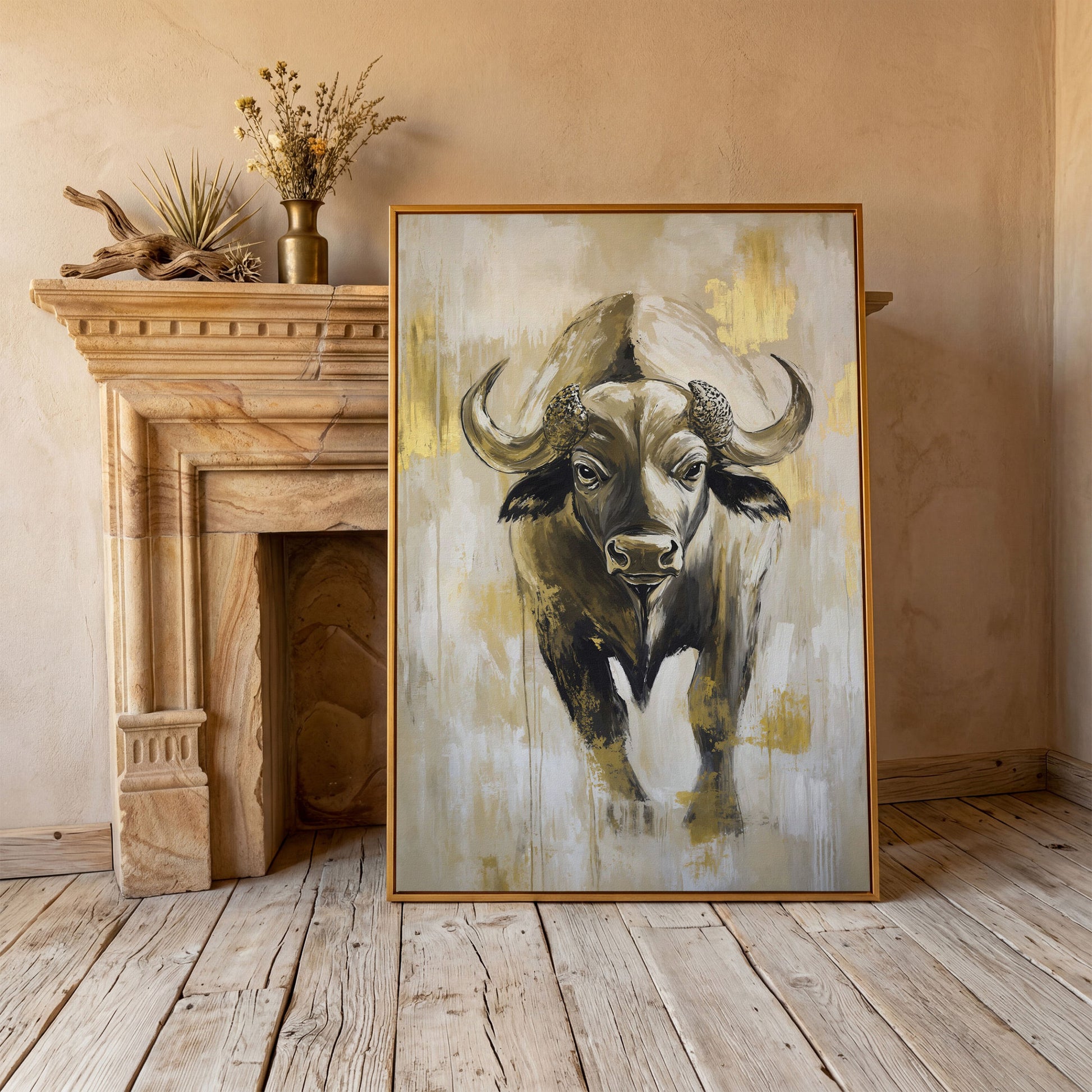 African Buffalo Portrait Canvas Wall Art in antique gold floating frame