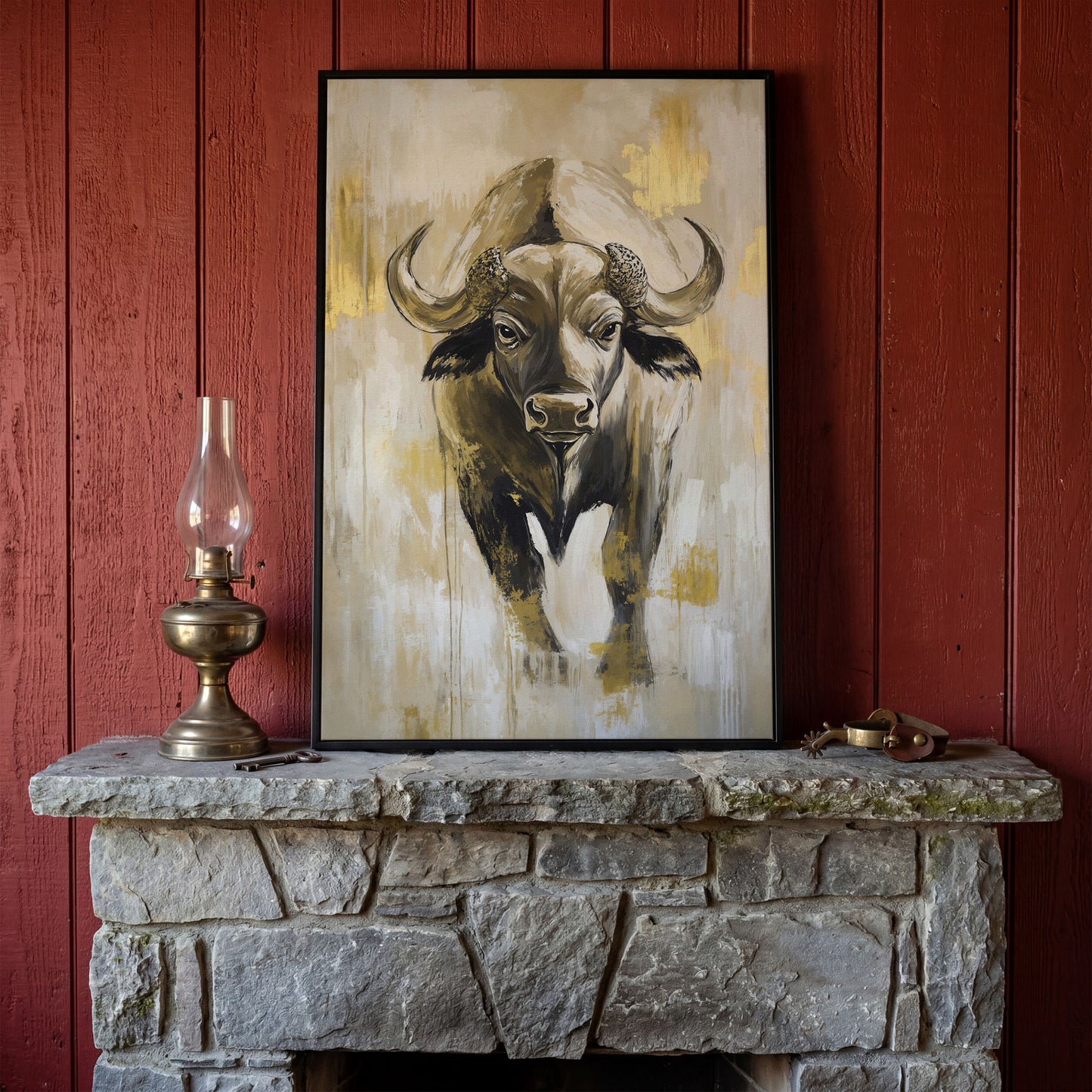 African Buffalo Portrait Canvas Wall Art in black floating frame