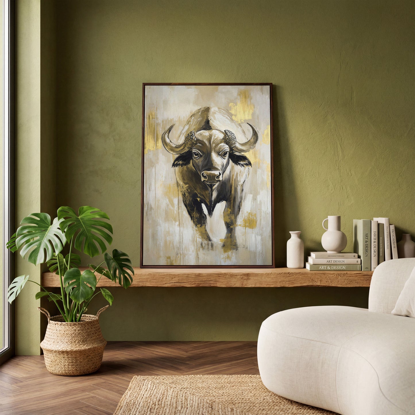African Buffalo Portrait Canvas Wall Art in dark walnut floating frame