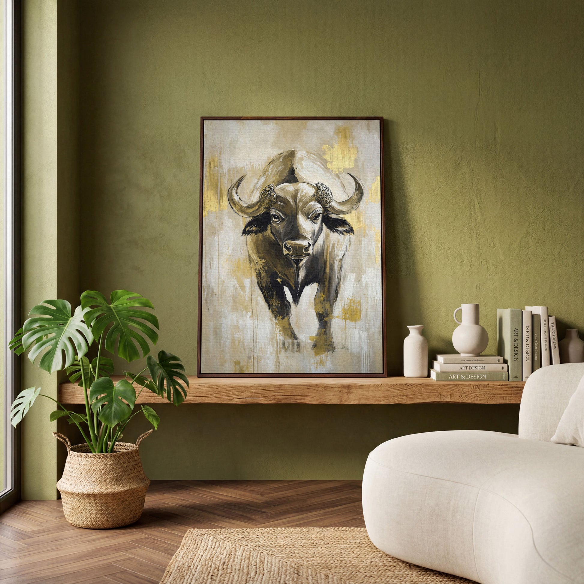 African Buffalo Portrait Canvas Wall Art in dark walnut floating frame
