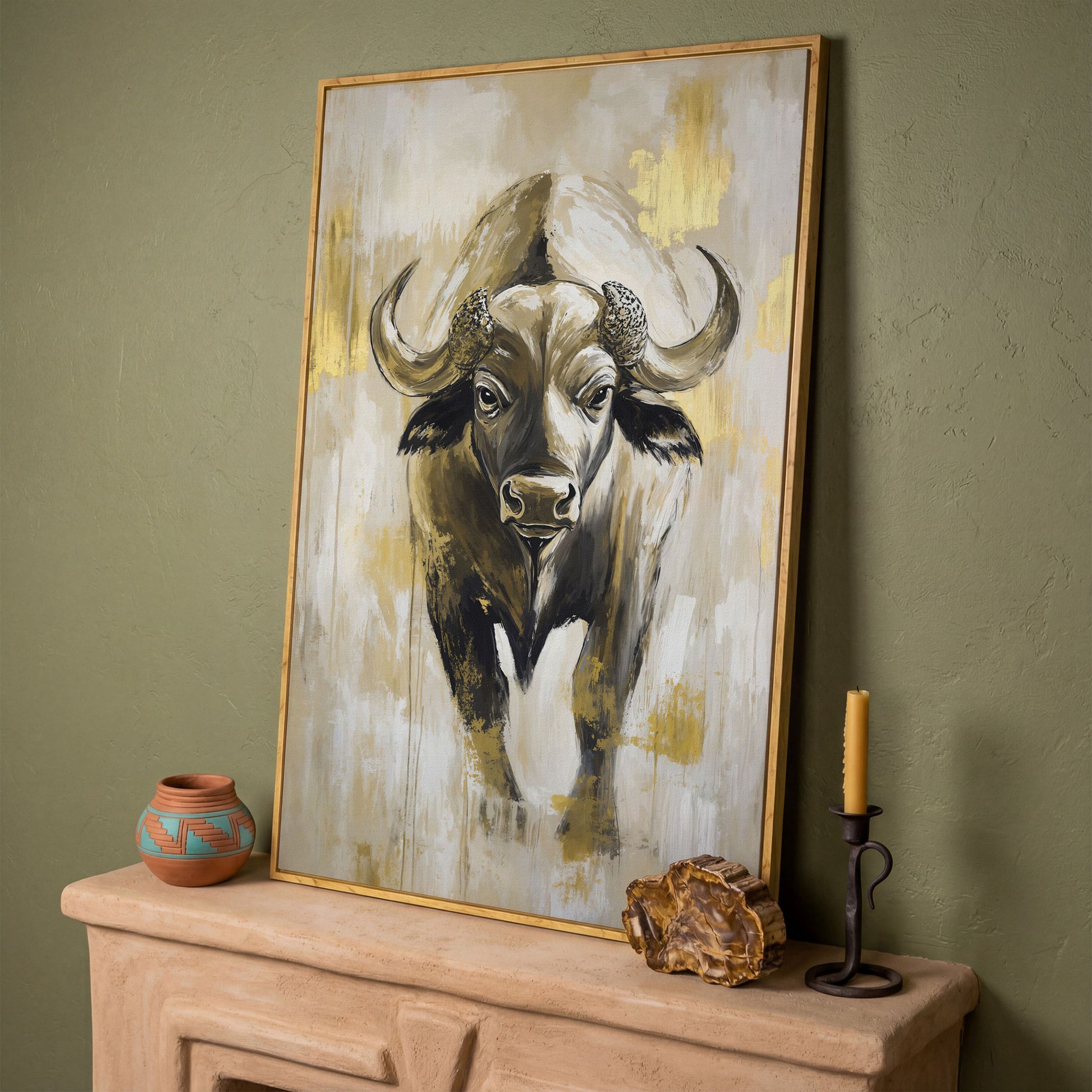 African Buffalo Portrait Canvas Wall Art in white oak floating frame