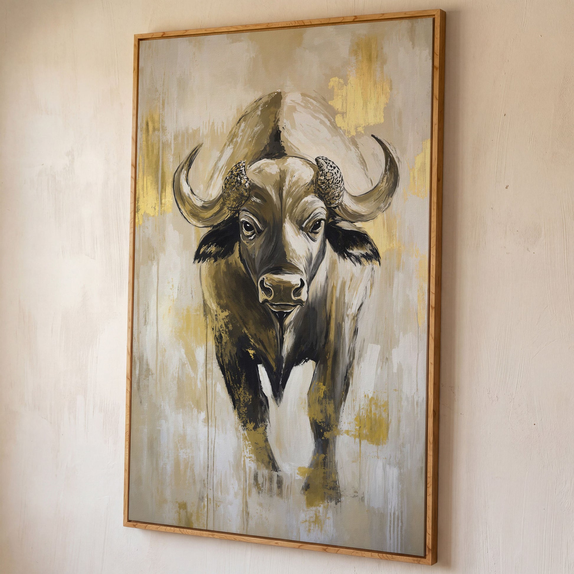 African Buffalo Portrait Canvas Wall Art shown in white oak floating frame