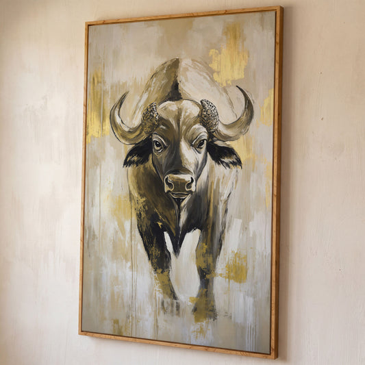 African Buffalo Portrait Canvas Wall Art shown in white oak floating frame