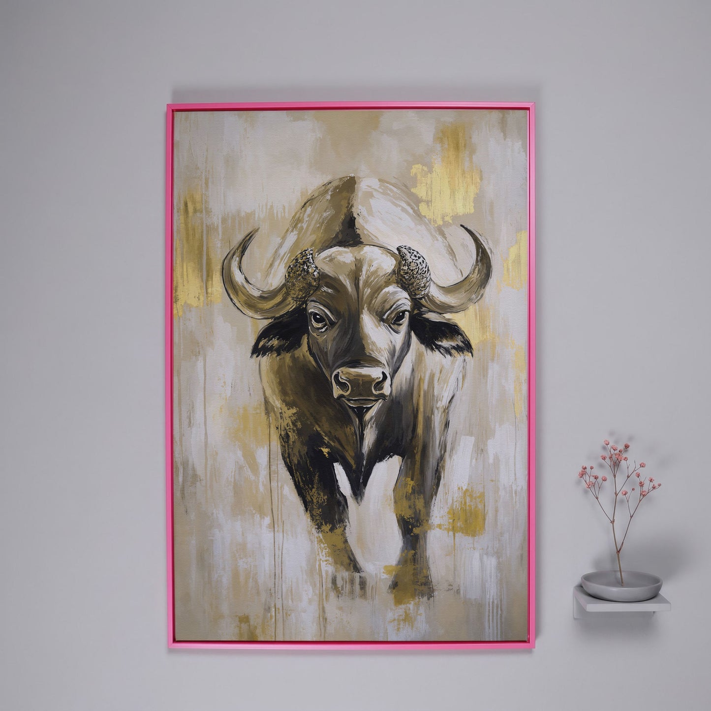 African Buffalo Portrait Canvas Wall Art in pink floating frame