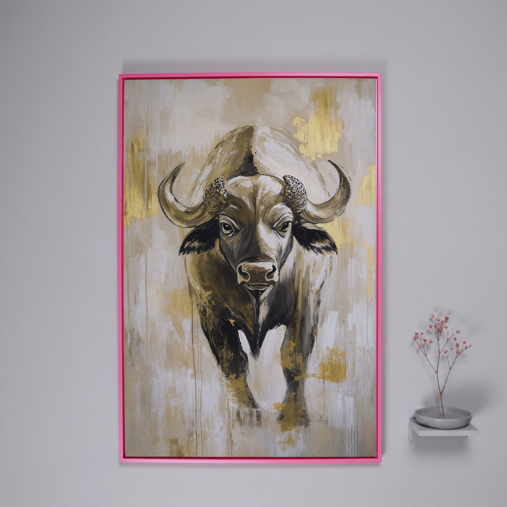 African Buffalo Portrait Canvas Wall Art in pink floating frame