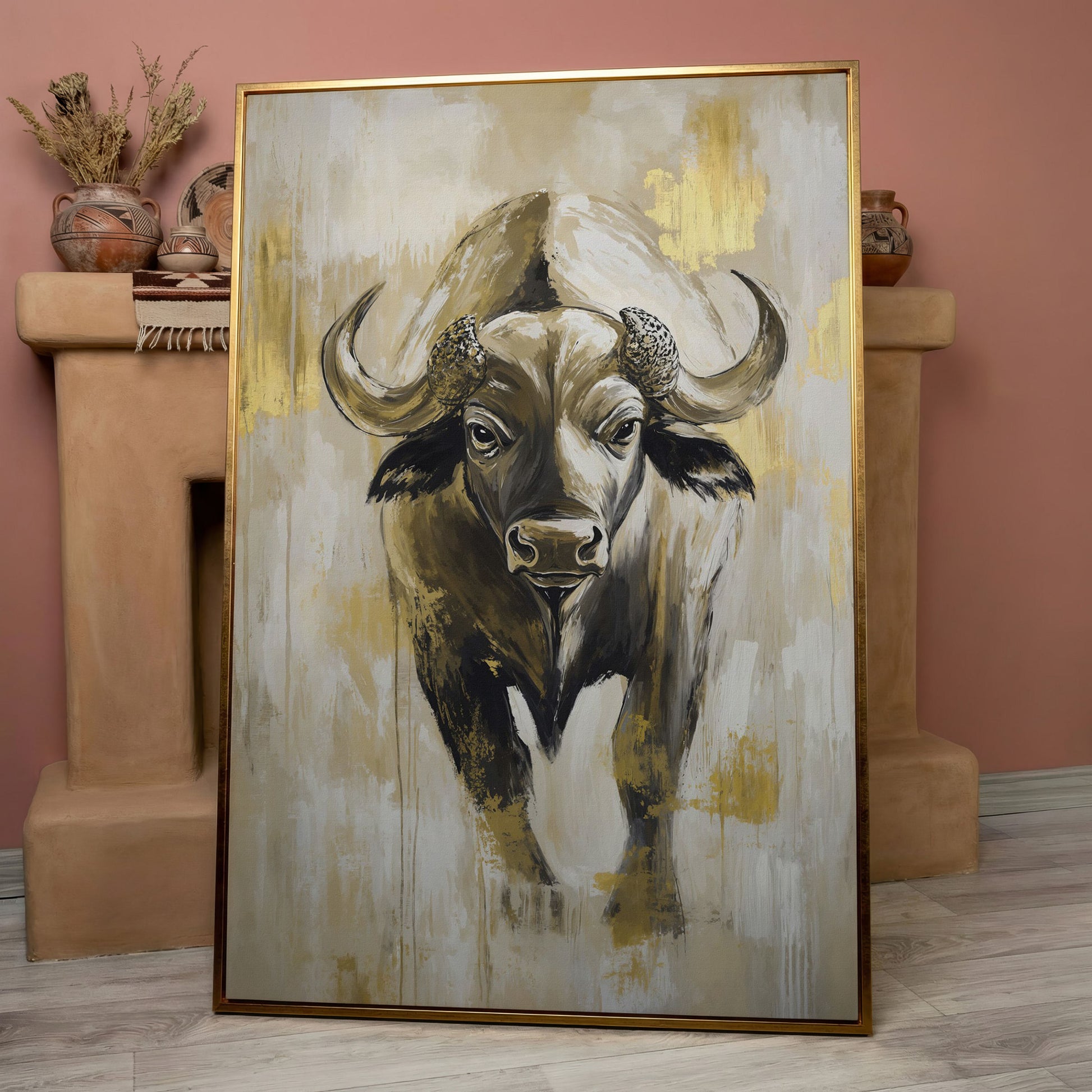 African Buffalo Portrait Canvas Wall Art in rose gold floating frame