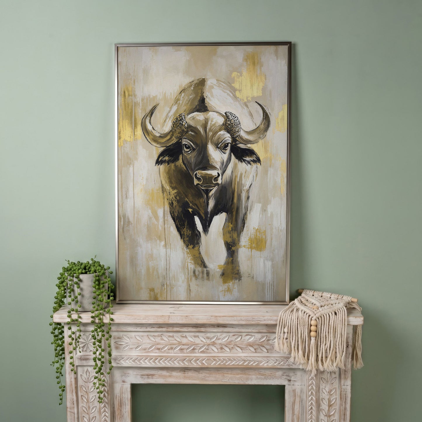 African Buffalo Portrait Canvas Wall Art in silver floating frame