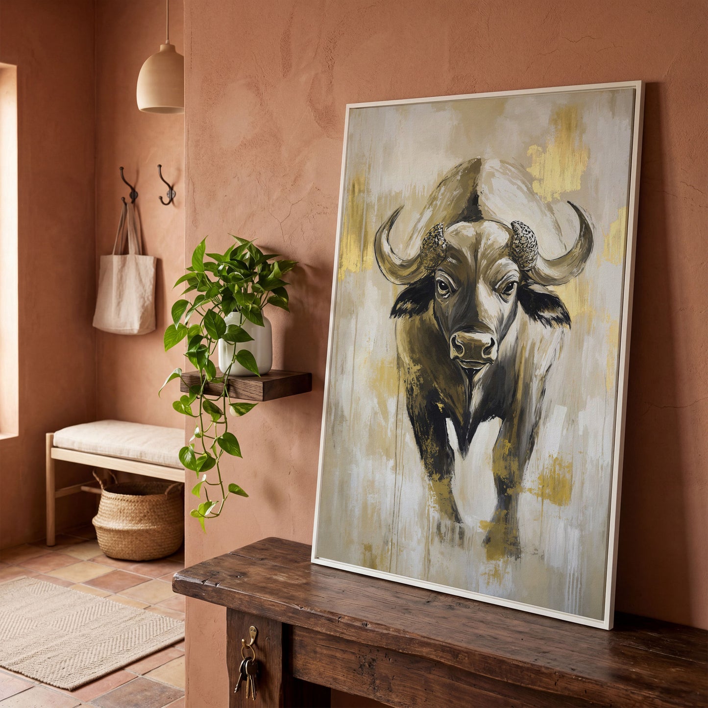 African Buffalo Portrait Canvas Wall Art in white floating frame