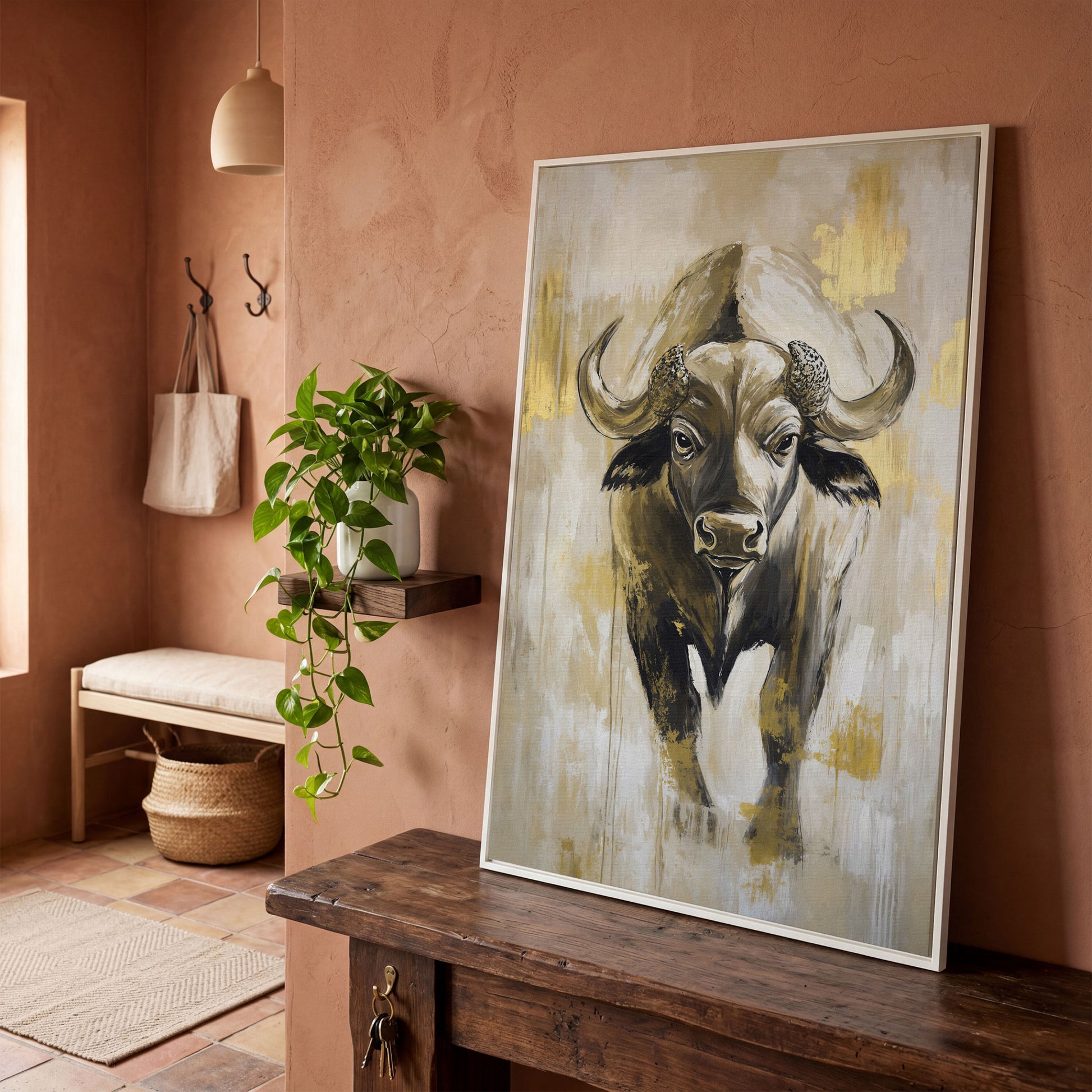 African Buffalo Portrait Canvas Wall Art in white floating frame