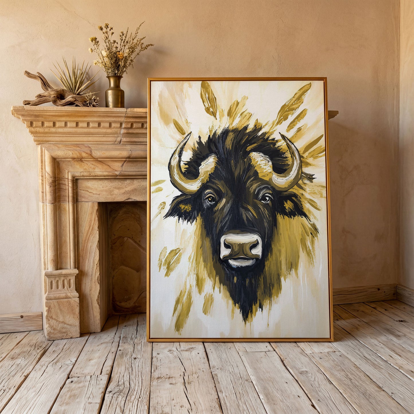 Bull Close-Up Portrait Canvas Wall Art, Head and Horns in antique gold floating frame